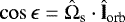 Mathematical equation: $\cos \epsilon = \hat{\Omega}_{\textrm{s}} \cdot \hat{\textbf{l}}_{\textrm{orb}}$