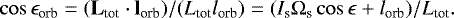 Mathematical equation: \begin{equation*}\cos \epsilon_{\textrm{orb}} = (\textbf{L}_{\textrm{tot}} \cdot {\textbf{l}}_{\textrm{orb}})/(L_{\textrm{tot}} l_{\textrm{orb}}) = (I_{\textrm{s}} \Omega_{\textrm{s}} \cos \epsilon + l_{\textrm{orb}}) / L_{\textrm{tot}}.\end{equation*}