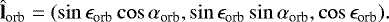 Mathematical equation: \begin{equation*}\hat{\textbf{l}}_{\textrm{orb}} = (\sin \epsilon_{\textrm{orb}} \cos \alpha_{\textrm{orb}}, \sin \epsilon_{\textrm{orb}} \sin \alpha_{\textrm{orb}}, \cos \epsilon_{\textrm{orb}}).\end{equation*}