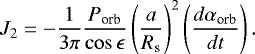 Mathematical equation: \begin{equation*}J_{2} = - \frac{1}{3\pi} \frac{P_{\textrm{orb}}}{\cos \epsilon} \left(\frac{a}{R_{\textrm{s}}} \right)^{2} \left(\frac{d \alpha_{\textrm{orb}}}{dt} \right).\end{equation*}