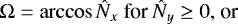 Mathematical equation: \begin{equation*}\Omega = \arccos \hat{N}_{x} \mbox{for $\hat{N}_{y} \geq 0,$ or}\end{equation*}