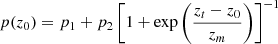 Mathematical equation: $$ \begin{aligned} p({z_0}) = {p_1}+{p_2}\left[1+\mathrm{exp}\left(\frac{{z_t}-{z_0}}{{z_m}}\right)\right]^{-1} \end{aligned} $$