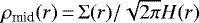 Mathematical equation: $\rho_{\text{mid}}(r)\,{=}\,\Sigma(r)/\sqrt{2\pi}H(r)$