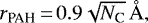 Mathematical equation: $r_{\text{PAH}}\,{=}\,0.9 \sqrt{N_{\text{C}}}\,\text{\AA},$