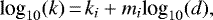 Mathematical equation: \begin{equation*}\text{log}_{10}(k)\,{=}\,k_i + m_i \text{log}_{10}(d),\end{equation*}