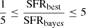 Mathematical equation: $ \frac{1}{5}\leq \frac{\mathrm{SFR_{best}}}{\mathrm{SFR_{bayes}}} \leq 5 $