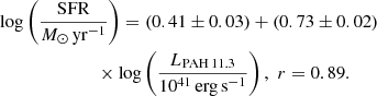 Mathematical equation: $$ \begin{aligned}&\log \left(\frac{\mathrm{SFR}}{{M}_{\odot }\,\mathrm{yr}^{-1}}\right)=(0.41 \pm 0.03)+(0.73 \pm 0.02)\nonumber \\&\qquad \qquad \qquad \quad \times \log \left(\frac{L_{\rm PAH\,11.3}}{10^{41}\,\mathrm{erg\,s}^{-1}}\right),\,\,r=0.89. \end{aligned} $$