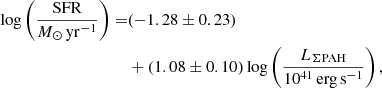 Mathematical equation: $$ \begin{aligned} \log \left(\frac{\mathrm{SFR}}{{M}_{\odot }\,\mathrm{yr}^{-1}}\right)=&(-1.28 \pm 0.23)\nonumber \\&+(1.08 \pm 0.10)\log \left(\frac{L_{\Sigma \mathrm{PAH}}}{10^{41}\,\mathrm{erg\,s}^{-1}}\right), \end{aligned} $$