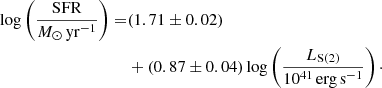 Mathematical equation: $$ \begin{aligned} \log \left(\frac{\mathrm{SFR}}{{M}_{\odot }\,\mathrm{yr}^{-1}}\right)=&(1.71 \pm 0.02)\nonumber \\&+(0.87 \pm 0.04)\log \left(\frac{L_{\rm S(2)}}{10^{41}\,\mathrm{erg\,s}^{-1}}\right)\cdot \end{aligned} $$
