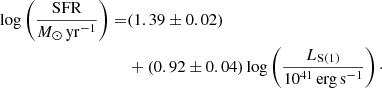 Mathematical equation: $$ \begin{aligned} \log \left(\frac{\mathrm{SFR}}{{M}_{\odot }\,\mathrm{yr}^{-1}}\right)=&(1.39 \pm 0.02)\nonumber \\&+(0.92 \pm 0.04)\log \left(\frac{L_{\rm S(1)}}{10^{41}\,\mathrm{erg\,s}^{-1}}\right)\cdot \end{aligned} $$