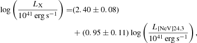 Mathematical equation: $$ \begin{aligned} \log \left(\frac{L_{\rm X}}{10^{41}\,\mathrm{erg\,s}^{-1}}\right)=&(2.40 \pm 0.08)\nonumber \\&+(0.95 \pm 0.11)\log \left(\frac{L_{\rm [NeV]24.3}}{10^{41}\,\mathrm{erg\,s}^{-1}}\right), \end{aligned} $$