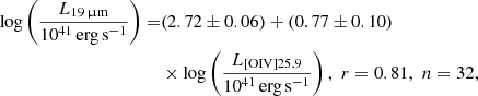 Mathematical equation: $$ \begin{aligned} \log \left(\frac{L_{19\,\upmu \mathrm{m}}}{10^{41}\,\mathrm{erg\,s}^{-1}}\right)=&(2.72 \pm 0.06)+(0.77 \pm 0.10)\nonumber \\& \times \log \left(\frac{L_{\rm [OIV]25.9}}{10^{41}\,\mathrm{erg\,s}^{-1}}\right),\,\,r=0.81,\,\,n=32, \end{aligned} $$