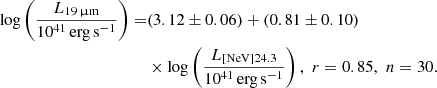 Mathematical equation: $$ \begin{aligned} \log \left(\frac{L_{19\,\upmu \mathrm{m}}}{10^{41}\,\mathrm{erg\,s}^{-1}}\right)=&(3.12 \pm 0.06)+(0.81 \pm 0.10)\nonumber \\& \times \log \left(\frac{L_{\rm [NeV]24.3}}{10^{41}\,\mathrm{erg\,s}^{-1}}\right),\,\,r=0.85,\,\,n=30. \end{aligned} $$
