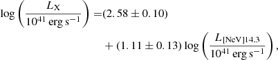 Mathematical equation: $$ \begin{aligned} \log \left(\frac{L_{\rm X}}{10^{41}\,\mathrm{erg\,s}^{-1}}\right)=&(2.58 \pm 0.10)\nonumber \\&+(1.11 \pm 0.13)\log \left(\frac{L_{\rm [NeV]14.3}}{10^{41}\,\mathrm{erg\,s}^{-1}}\right), \end{aligned} $$