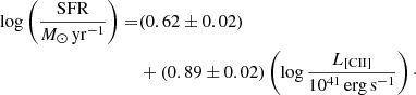 Mathematical equation: $$ \begin{aligned} \log \left(\frac{\mathrm{SFR}}{{M}_{\odot }\,\mathrm{yr}^{-1}}\right)=&(0.62 \pm 0.02)\nonumber \\&+(0.89 \pm 0.02) \left(\log \frac{L_{\rm [CII]}}{10^{41}\,\mathrm{erg\,s}^{-1}}\right)\cdot \end{aligned} $$