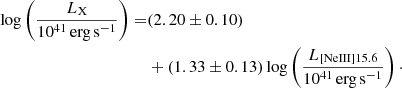 Mathematical equation: $$ \begin{aligned} \log \left(\frac{L_{\rm X}}{10^{41}\,\mathrm{erg\,s}^{-1}}\right)=&(2.20 \pm 0.10)\nonumber \\&+(1.33 \pm 0.13)\log \left(\frac{L_{\rm [NeIII]15.6}}{10^{41}\,\mathrm{erg\,s}^{-1}}\right)\cdot \end{aligned} $$