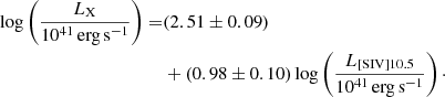Mathematical equation: $$ \begin{aligned} \log \left(\frac{L_{\rm X}}{10^{41}\,\mathrm{erg\,s}^{-1}}\right)=&(2.51 \pm 0.09)\nonumber \\&+(0.98 \pm 0.10)\log \left(\frac{L_{\rm [SIV]10.5}}{10^{41}\,\mathrm{erg\,s}^{-1}}\right)\cdot \end{aligned} $$