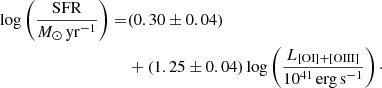 Mathematical equation: $$ \begin{aligned} \log \left(\frac{\mathrm{SFR}}{{M}_{\odot }\,\mathrm{yr}^{-1}}\right)=&(0.30 \pm 0.04)\nonumber \\&+(1.25 \pm 0.04) \log \left(\frac{L_{\rm [OI]{+}[OIII]}}{10^{41}\,\mathrm{erg\,s}^{-1}}\right)\cdot \end{aligned} $$