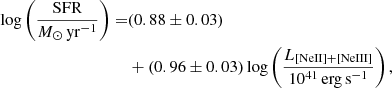 Mathematical equation: $$ \begin{aligned} \log \left(\frac{\mathrm{SFR}}{{M}_{\odot }\,\mathrm{yr}^{-1}}\right)=&(0.88 \pm 0.03)\nonumber \\&+(0.96 \pm 0.03) \log \left(\frac{L_{\rm [NeII]{+}[NeIII]}}{10^{41}\,\mathrm{erg\,s}^{-1}}\right), \end{aligned} $$
