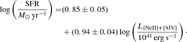 Mathematical equation: $$ \begin{aligned} \log \left(\frac{\mathrm{SFR}}{{M}_{\odot }\,\mathrm{yr}^{-1}}\right)=&(0.85 \pm 0.05)\nonumber \\&+(0.94 \pm 0.04) \log \left(\frac{L_{\rm [NeII]{+}[SIV]}}{10^{41}\,\mathrm{erg\,s}^{-1}}\right)\cdot \end{aligned} $$