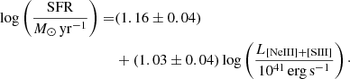 Mathematical equation: $$ \begin{aligned} \log \left(\frac{\mathrm{SFR}}{{M}_{\odot }\,\mathrm{yr}^{-1}}\right)=&(1.16 \pm 0.04)\nonumber \\&+(1.03 \pm 0.04) \log \left(\frac{L_{\rm [NeIII]{+}[SIII]}}{10^{41}\,\mathrm{erg\,s}^{-1}}\right)\cdot \end{aligned} $$