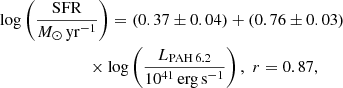 Mathematical equation: $$ \begin{aligned}&\log \left(\frac{\mathrm{SFR}}{{M}_{\odot }\,\mathrm{yr}^{-1}}\right)=(0.37 \pm 0.04)+(0.76 \pm 0.03)\nonumber \\&\qquad \qquad \qquad \quad \times \log \left(\frac{L_{\rm PAH\,6.2}}{10^{41}\,\mathrm{erg\,s}^{-1}}\right),\,\,r=0.87, \end{aligned} $$