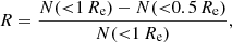 Mathematical equation: $$ \begin{aligned} R = \frac{N({<}1\,R_{\rm e})-N({<}0.5\,R_{\rm e})}{N({ < }1\,R_{\rm e})}, \end{aligned} $$
