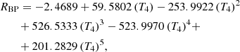 Mathematical equation: $$ \begin{aligned}&R_\text{BP} = -2.4689 + 59.5802\,(T_4) - 253.9922\,(T_4)^2 \nonumber \\&\quad \quad + 526.5333\,(T_4)^3 - 523.9970\,(T_4)^4 + \nonumber \\&\quad \quad + 201.2829\,(T_4)^5, \end{aligned} $$