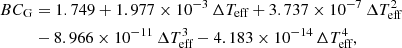 Mathematical equation: $$ \begin{aligned}&BC_\text{G} =1.749 + 1.977 \times 10^{-3} \,\Delta T_\text{eff}+ 3.737\times 10^{-7}\,\Delta T_\text{eff}^2 \nonumber \\&\qquad \ \ - 8.966\times 10^{-11}\,\Delta T_\text{eff}^3 -4.183\times 10^{-14}\,\Delta T_\text{eff}^4, \end{aligned} $$