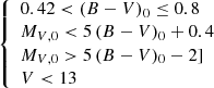 Mathematical equation: $$ \begin{aligned} {\left\{ \begin{array}{ll} 0.42 < (B-V)_0 \le 0.8 \\ M_{V,0}< 5\,(B-V)_0+0.4 \\ M_{V,0} > 5\,(B-V)_0-2] \\ V < 13 \end{array}\right.} \end{aligned} $$