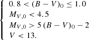 Mathematical equation: $$ \begin{aligned} {\left\{ \begin{array}{ll} 0.8 < (B-V)_0 \le 1.0 \\ M_{V,0} < 4.5 \\ M_{V,0}> 5\,(B-V)_0-2 \\ V < 13. \end{array}\right.} \end{aligned} $$