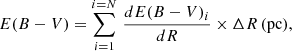 Mathematical equation: $$ \begin{aligned} E(B-V) = \sum _{i=1}^{i=N}\, \frac{dE(B-V)_i}{dR} \times \Delta R\,(\text{pc}), \end{aligned} $$