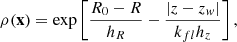 Mathematical equation: $$ \begin{aligned} \rho (\mathbf x ) = \exp \left[\frac{R_0-R}{h_R}-\frac{|z-z_{ w}|}{k_{fl}h_z}\right], \end{aligned} $$