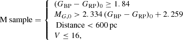 Mathematical equation: $$ \begin{aligned} \text{ M} \text{ sample}={\left\{ \begin{array}{ll} (G_{\rm BP}-G_{\rm RP})_0 \ge 1.84 \\ M_{G,0} > 2.334\,(G_{\rm BP}-G_{\rm RP})_0+2.259 \\ \text{ Distance} < 600\,\mathrm{pc}\\ V\le 16, \end{array}\right.} \end{aligned} $$
