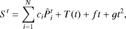 Mathematical equation: \begin{equation*} S^t = \sum_{i=1}^N c_i \hat{P}_i^t + T(t) + ft + gt^2,\end{equation*}