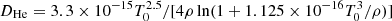 Mathematical equation: $ D_{\rm He}=3.3 \times 10^{-15} T_0^{2.5} / [ 4 \rho \ln(1 + 1.125 \times 10^{-16} T_0^{3} /\rho)] $
