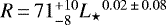Mathematical equation: $R\,{=}\,71^{+10}_{-8}{L_{\star}} ^{0.02\,{\pm}\,0.08}$