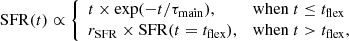 Mathematical equation: $$ \begin{aligned} \mathrm{SFR} (t) \propto {\left\{ \begin{array}{ll} t \times \exp (-t/\tau _{\rm main}),&\mathrm{when}\ t\le t_{\rm flex} \\ r_{\rm {SFR}} \times \mathrm{SFR} (t=t_{\rm flex}),&\mathrm{when}\ t>t_{\rm flex}, \\ \end{array}\right.} \end{aligned} $$