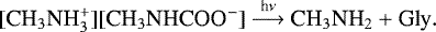 Mathematical equation: \[[\textrm{CH}_3\textrm{NH}_3^+][\textrm{CH}_3\textrm{NHCOO}^-] \ {\stackrel{\textrm{h}\nu}{\longrightarrow}}\ \textrm{CH}_3\textrm{NH}_2 + \textrm{Gly}.\]