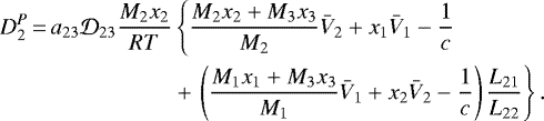 Mathematical equation: \begin{equation*}\begin{split}D_2^P \,{=}\,a_{23} \mathcal{D}_{23} \frac{M_2 x_2}{RT} & \left\{\frac{M_2 x_2 + M_3 x_3}{M_2} \bar{V}_2 + x_1 \bar{V}_1 - \frac{1}{c} \right. \\& + \left.\left(\frac{M_1 x_1 + M_3 x_3}{M_1} \bar{V}_1 + x_2 \bar{V}_2 - \frac{1}{c}\right) \frac{L_{21}}{L_{22}}\right\}.\end{split}\end{equation*}