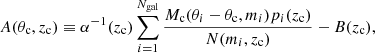 Mathematical equation: $$ \begin{aligned} A(\theta _{\rm c},z_{\rm c})\equiv \alpha ^{-1}(z_{\rm c})\sum _{i=1}^{N_{\rm gal}}\frac{M_{\rm c}(\theta _i-\theta _{\rm c},m_i)p_i(z_{\rm c})}{N(m_i,z_{\rm c})}-B(z_{\rm c}), \end{aligned} $$