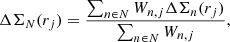 Mathematical equation: $$ \begin{aligned} \Delta \Sigma _N(r_j) = \dfrac{\sum _{n\in N} W_{n,j} \Delta \Sigma _{n}(r_j)}{\sum _{n \in N} W_{n,j}}, \end{aligned} $$