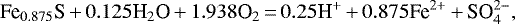 \begin{equation*}{\textrm{Fe}_{0.875}\textrm{S}\,{+}\,0.125 \textrm{H}_2\textrm{O}\,{+}\,1.938 \textrm{O}_2\,{=}\,0.25 \textrm{H}^+\,{+}\,0.875 \textrm{Fe}^{2+}\,{+}\,\textrm{SO}_4^{2-}} ,\end{equation*}
