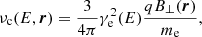 Mathematical equation: $$ \begin{aligned} \nu _{\rm c}(E, \boldsymbol{r}) = \frac{3}{4\pi } \gamma _{\rm e}^2(E) \frac{q B_\perp (\boldsymbol{r})}{m_{\rm e}}, \end{aligned} $$