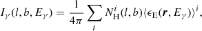 Mathematical equation: $$ \begin{aligned} I_\gamma (l,b,E_\gamma ) = \frac{1}{4\pi } \sum _i N_{\rm H}^i(l,b) \langle \epsilon _{\rm E}(\boldsymbol{r}, E_\gamma ) \rangle ^i, \end{aligned} $$