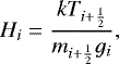 Mathematical equation: \begin{equation*}H_i = \frac{kT_{i+{\frac{1}{2}}}}{m_{i+{\frac{1}{2}}}g_i},\vspace*{-3pt}\end{equation*}