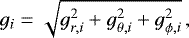 Mathematical equation: \begin{equation*}g_i = \sqrt{g_{r,i}^2+g_{\theta,i}^2+g_{\phi,i}^2}\,,\end{equation*}