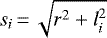 Mathematical equation: $s_{i}\,{=}\,\sqrt{r^2+l_{i}^{2}}$