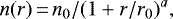 Mathematical equation: \begin{equation*} n (r)\,{=}\,n_0/(1 + r / r_0)^a, \end{equation*}