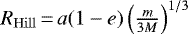 Mathematical equation: $R_{\rm{Hill}}\,{=}\, a(1-e)\left(\frac{m}{3M}\right)^{1/3}$